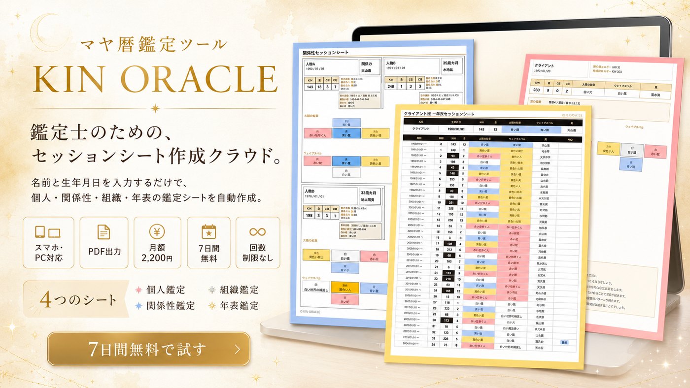 マヤ暦鑑定ツール KIN ORACLE｜鑑定士のためのセッションシート作成クラウド。個人・関係性・組織・年表を自動作成、7日間無料で試す